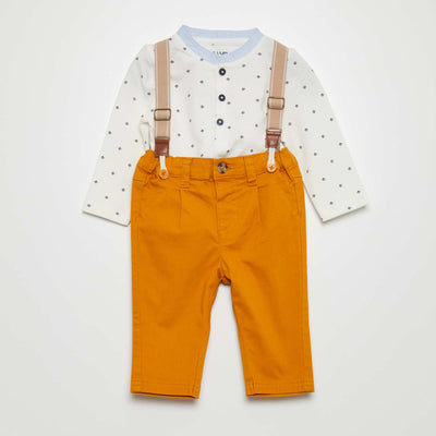 Ensemble body + pantalon slim bretelles - 2 pi ces Blanc/jaune moutarde
