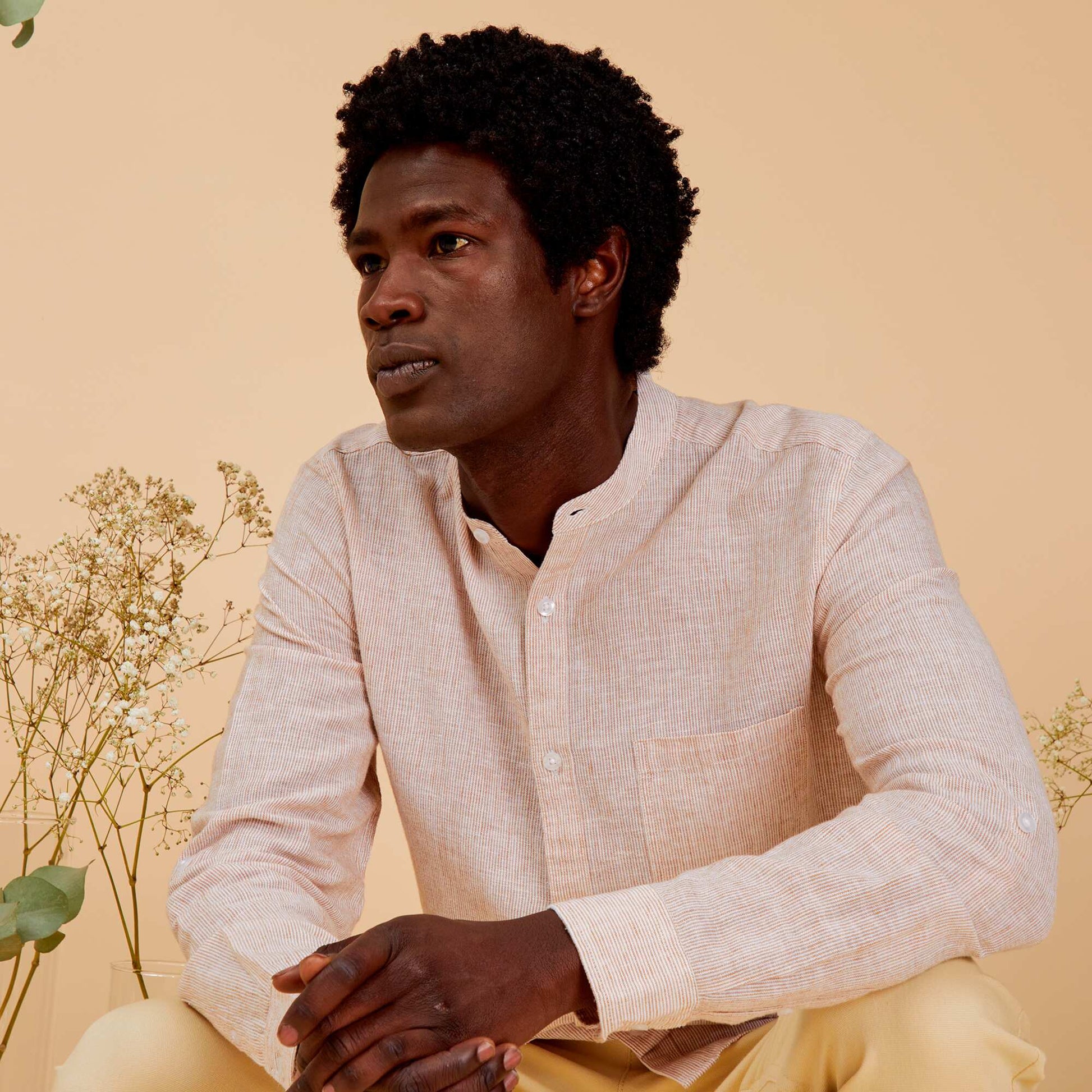 Chemise col mao Rayures camel