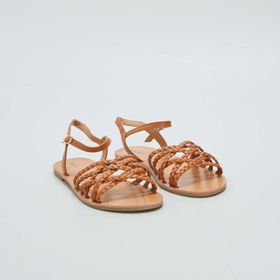 Sandales plates brides tress es Marron