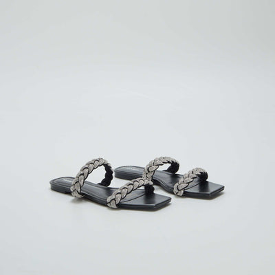 Sandales plates strass Noir