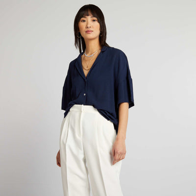 Chemisier manches courtes en maille cr p e Noir