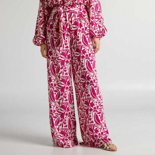 Pantalon large avec imprim  fleuri Rose