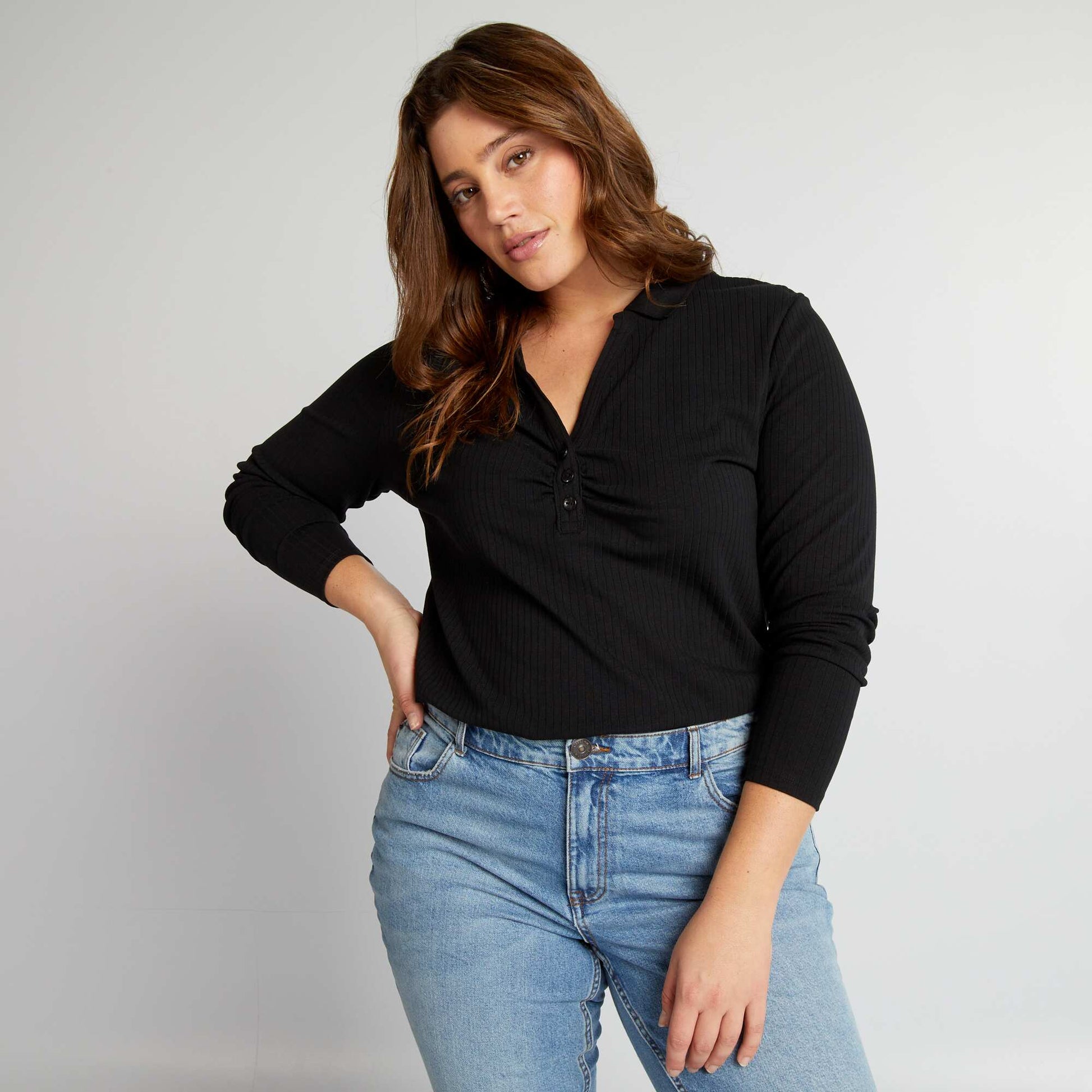 T-shirt manches longues col polo noir