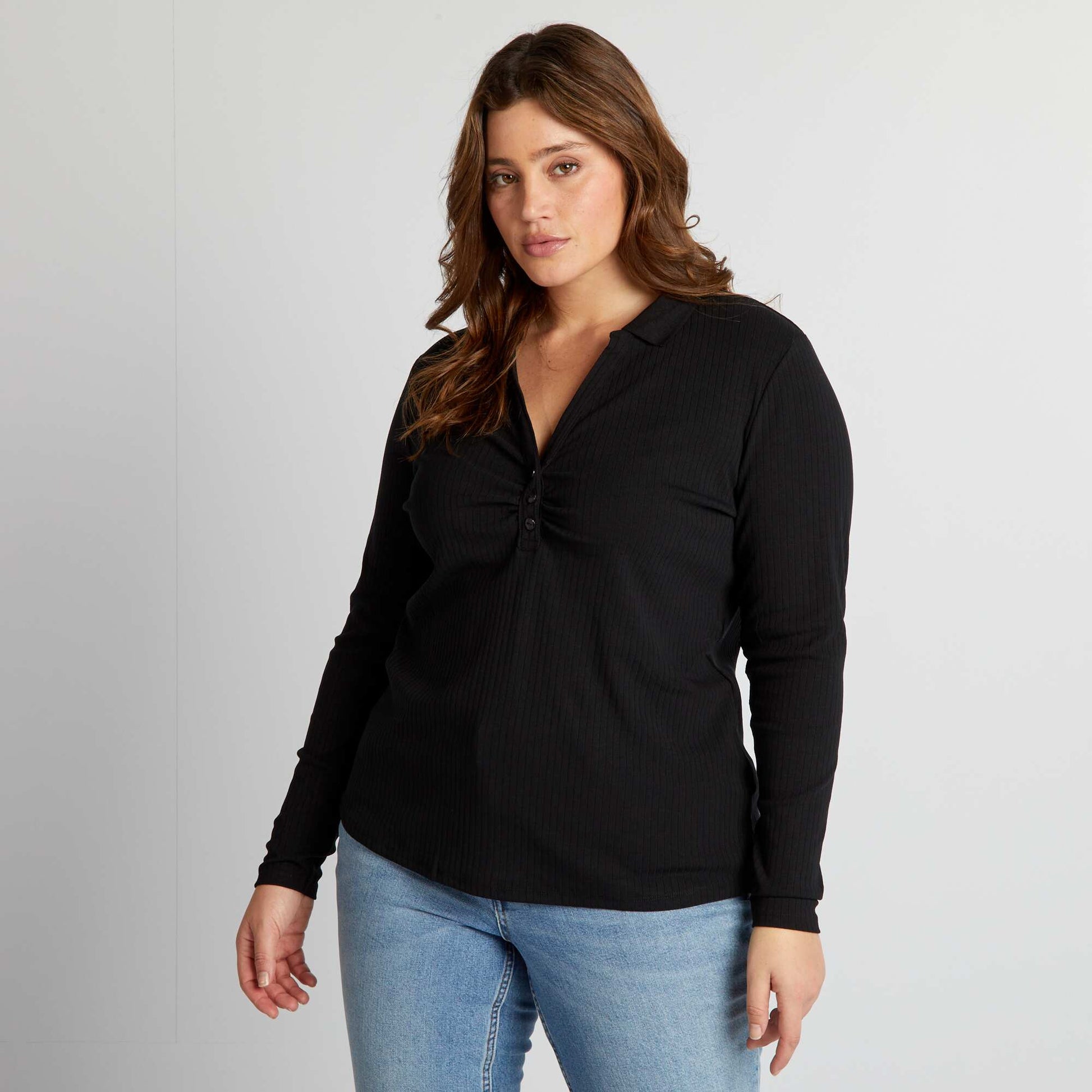 T-shirt manches longues col polo noir