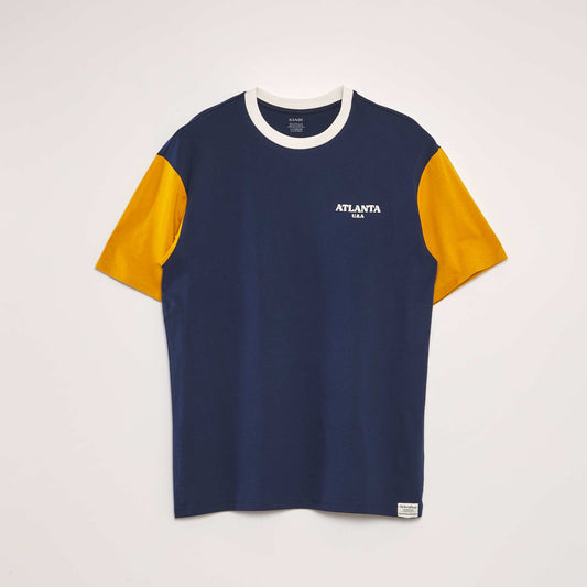 T-shirt color-block col rond Bleu marine/jaune