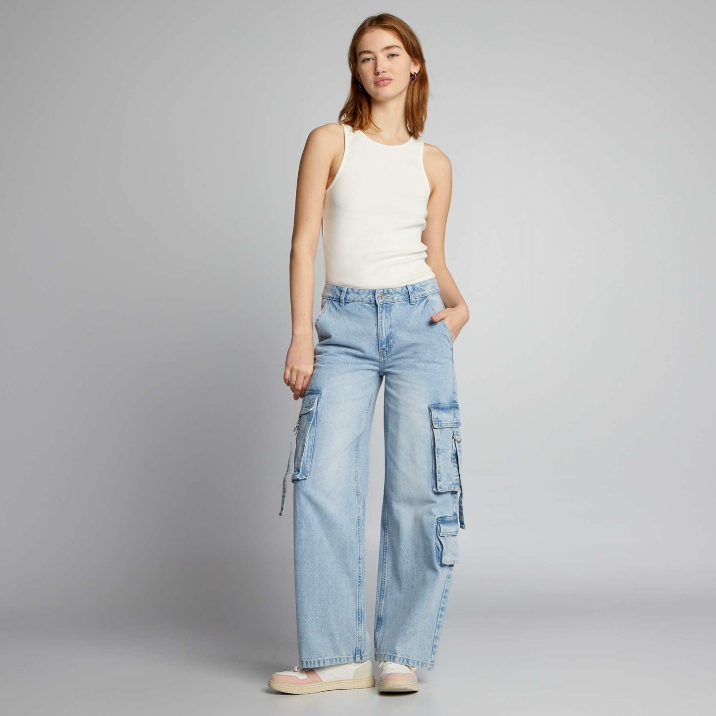 Pantalon en denim multipoches liens Bleu clair