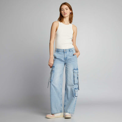 Pantalon en denim multipoches liens Bleu clair