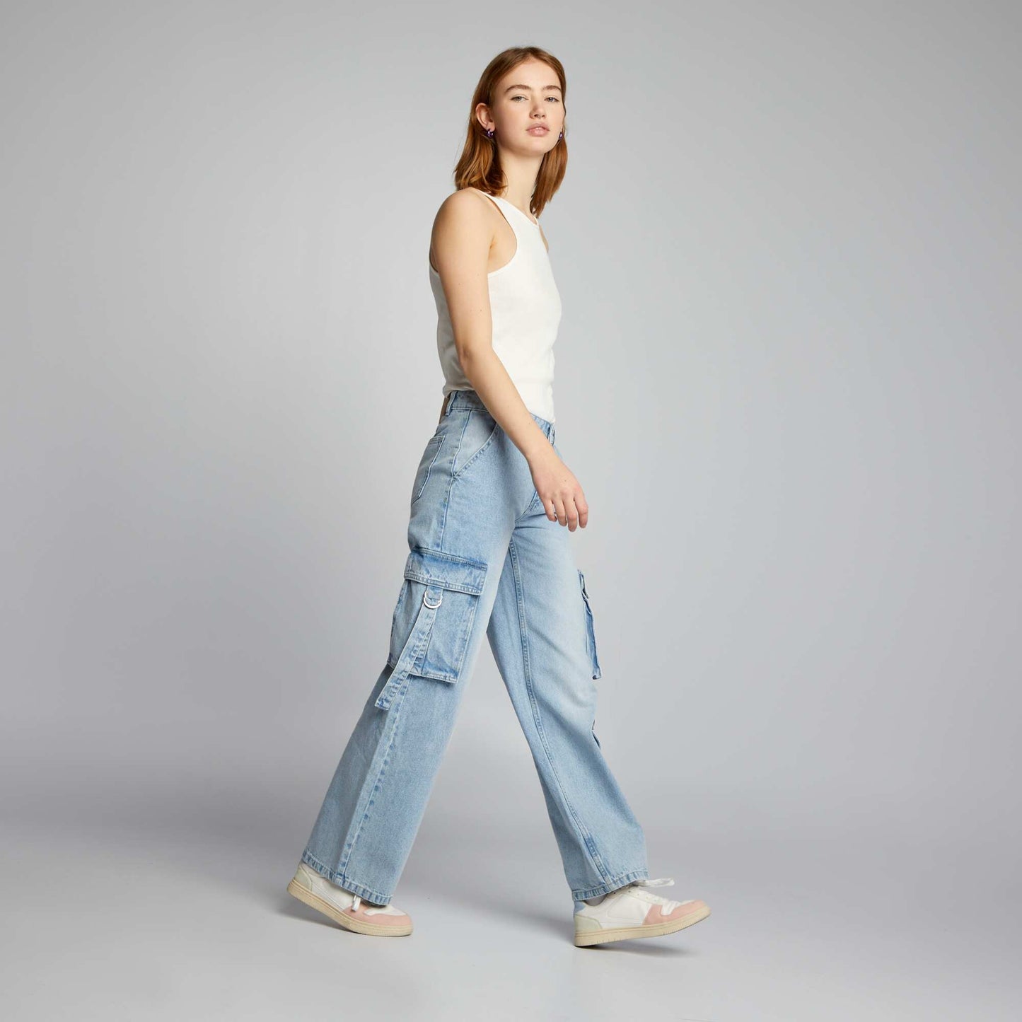 Pantalon en denim multipoches liens Bleu clair