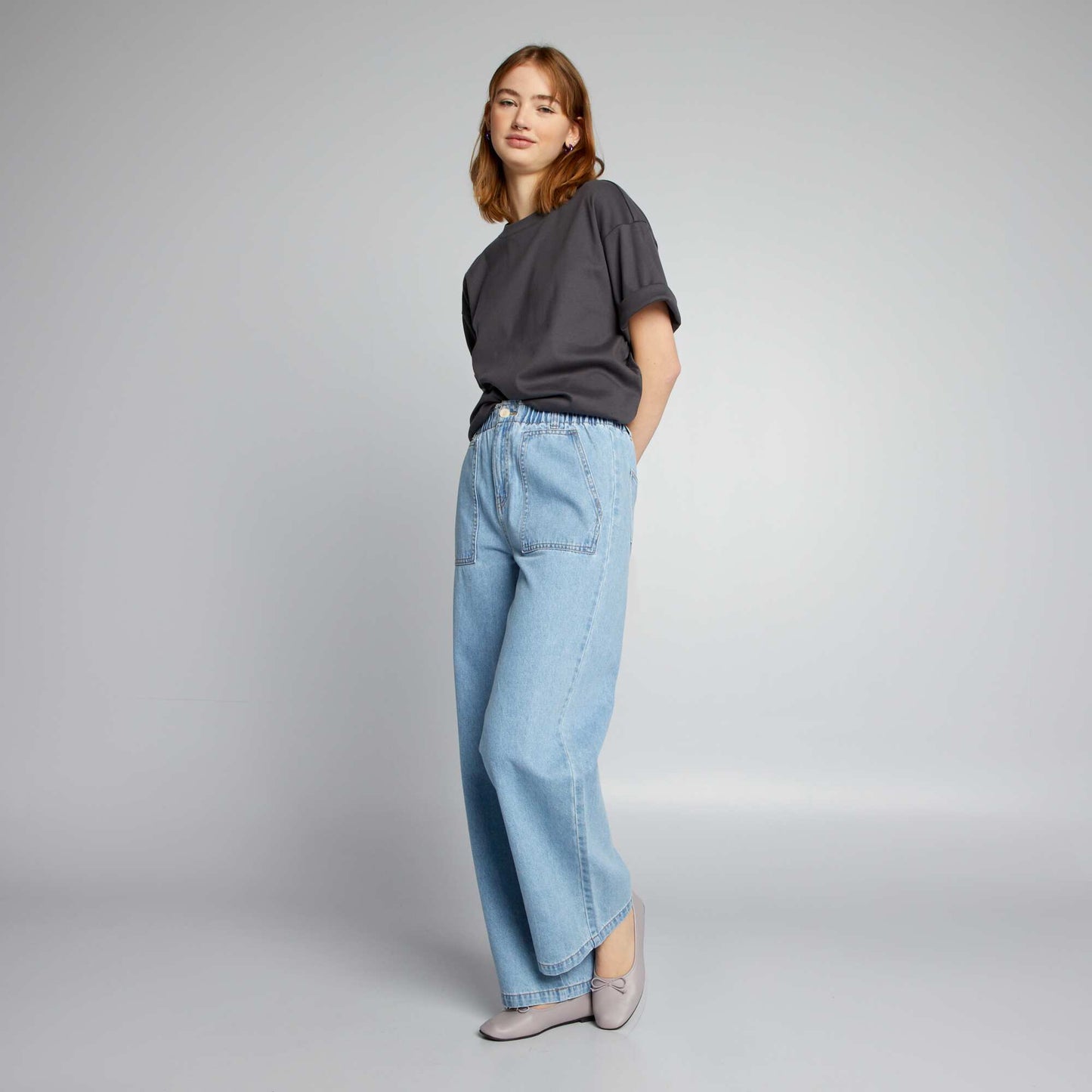 Pantalon denim wide leg taille lastique Triple stone