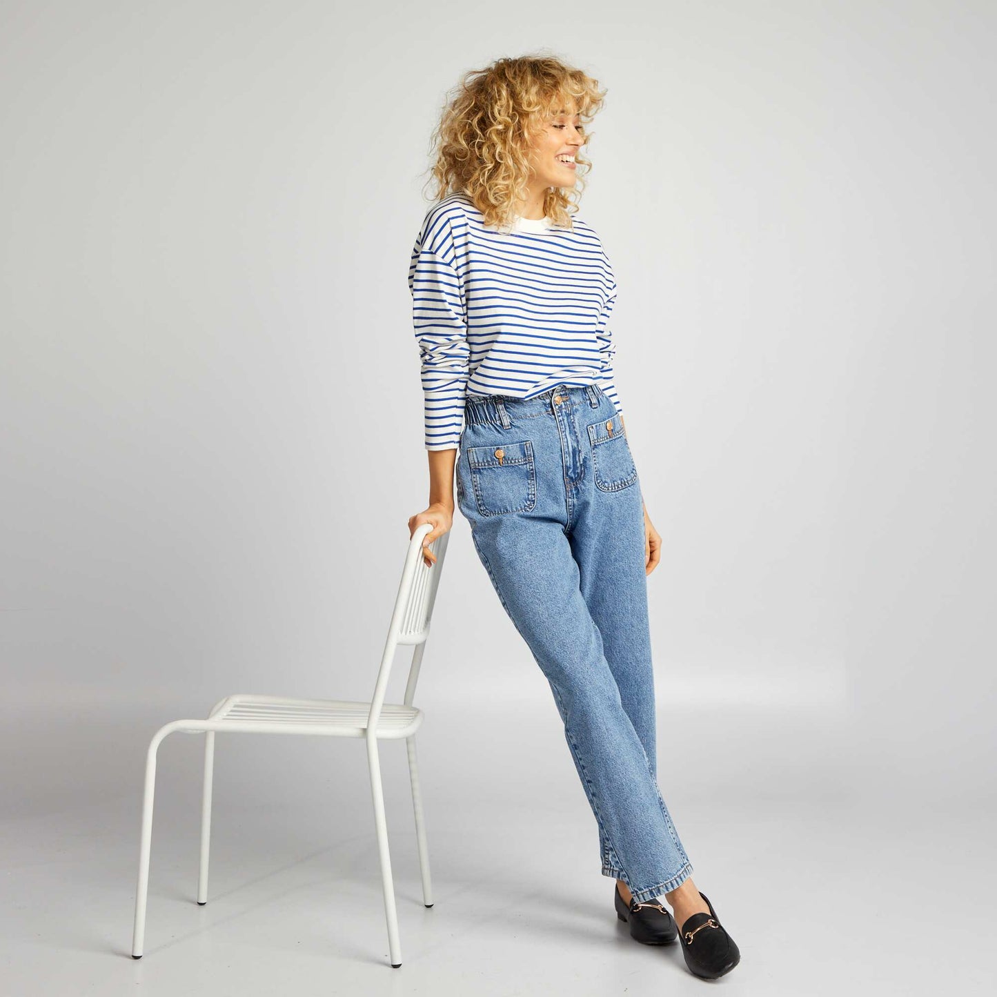 Jean mom taille lastiqu e - L28 Bleu