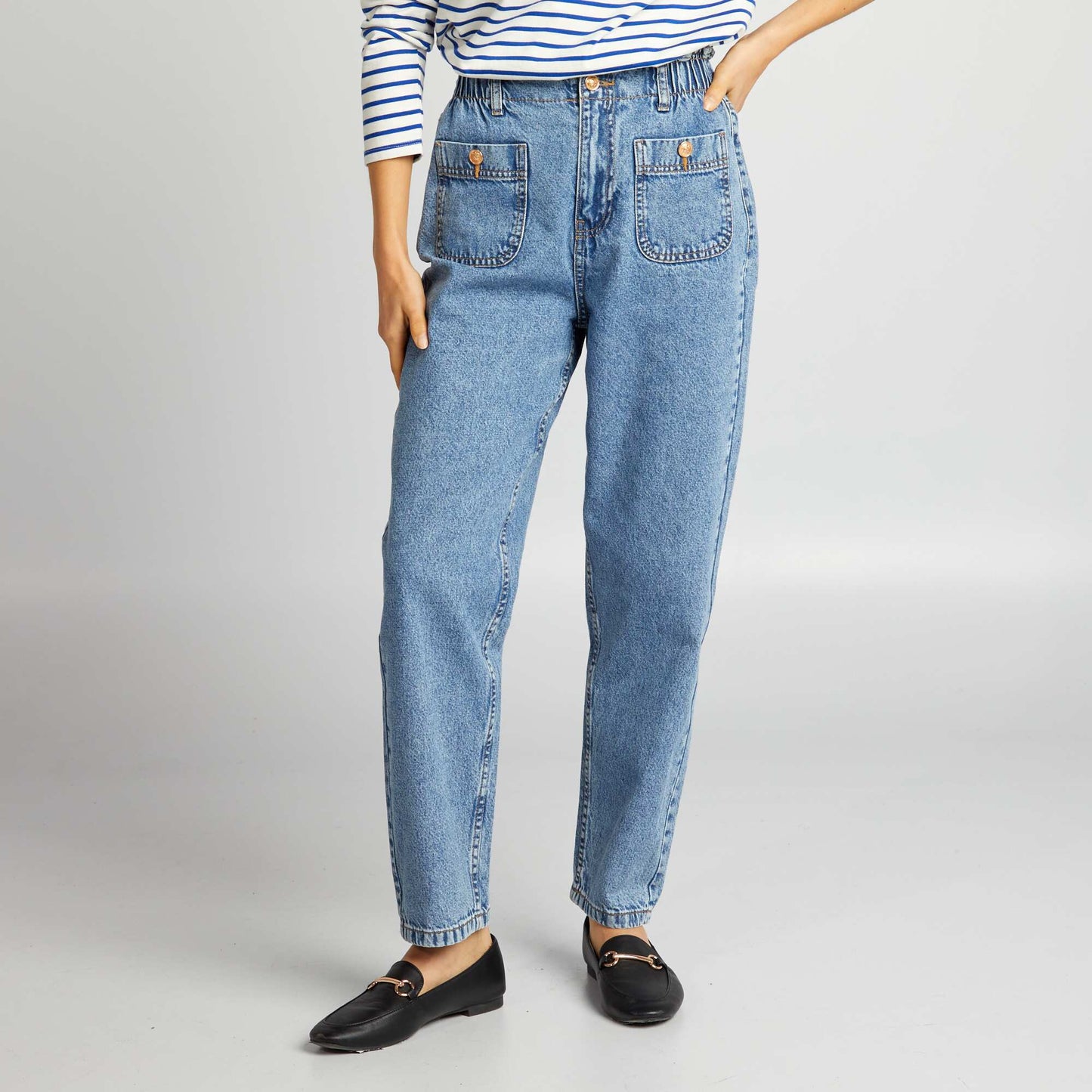 Jean mom taille lastiqu e - L28 Bleu