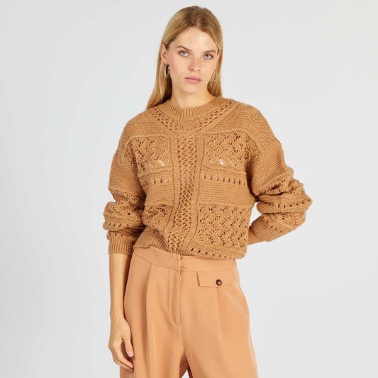 Pull en maille ajour e Marron clair