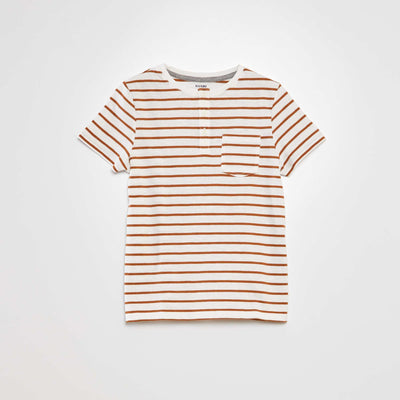 T-shirt col tunisien avec rayures Marron/blanc
