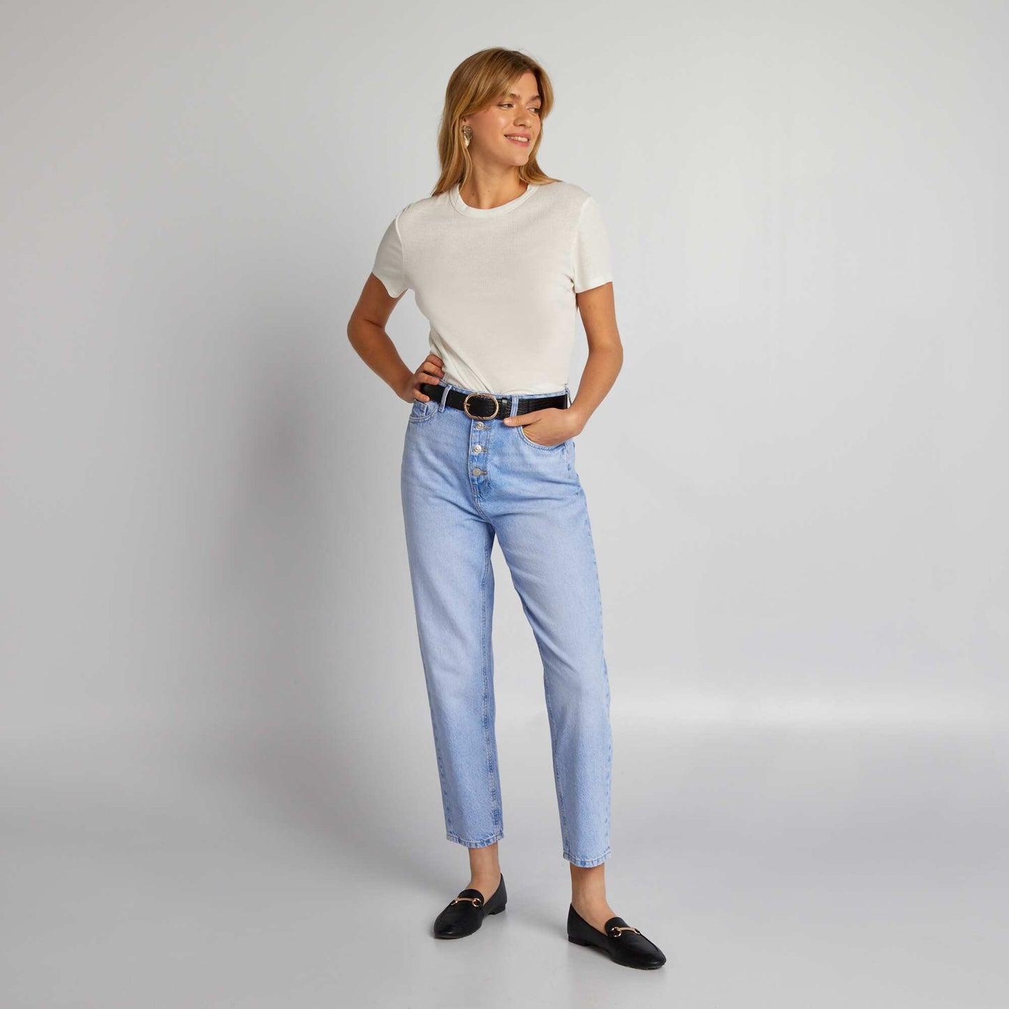 Jean mom fit boutons Bleu