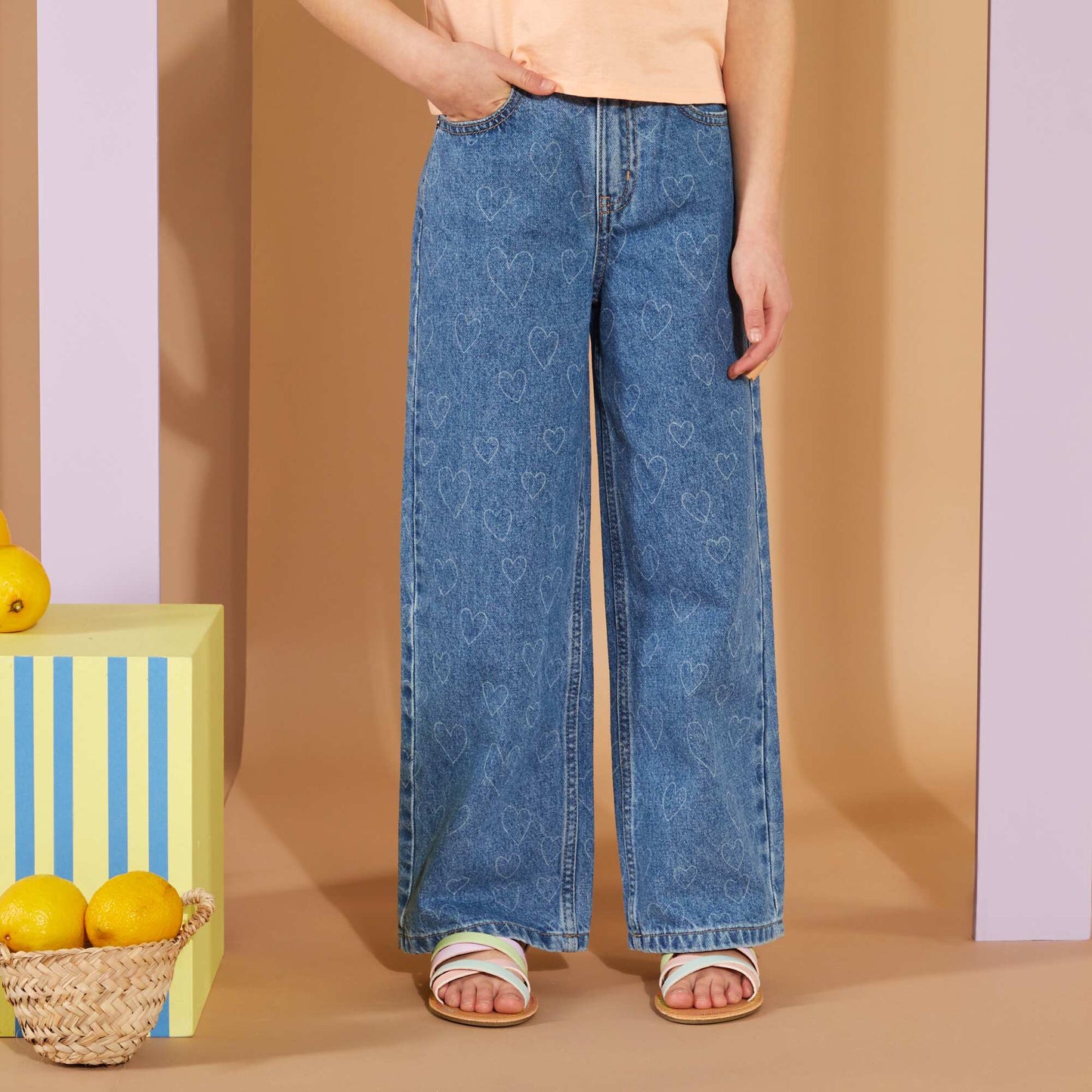 Pantalon en jean wide leg Bleu coeurs