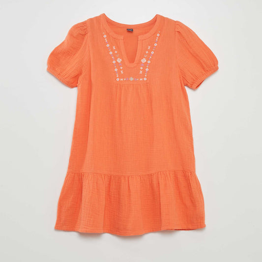 Robe en gaze de coton manches ballons Orange