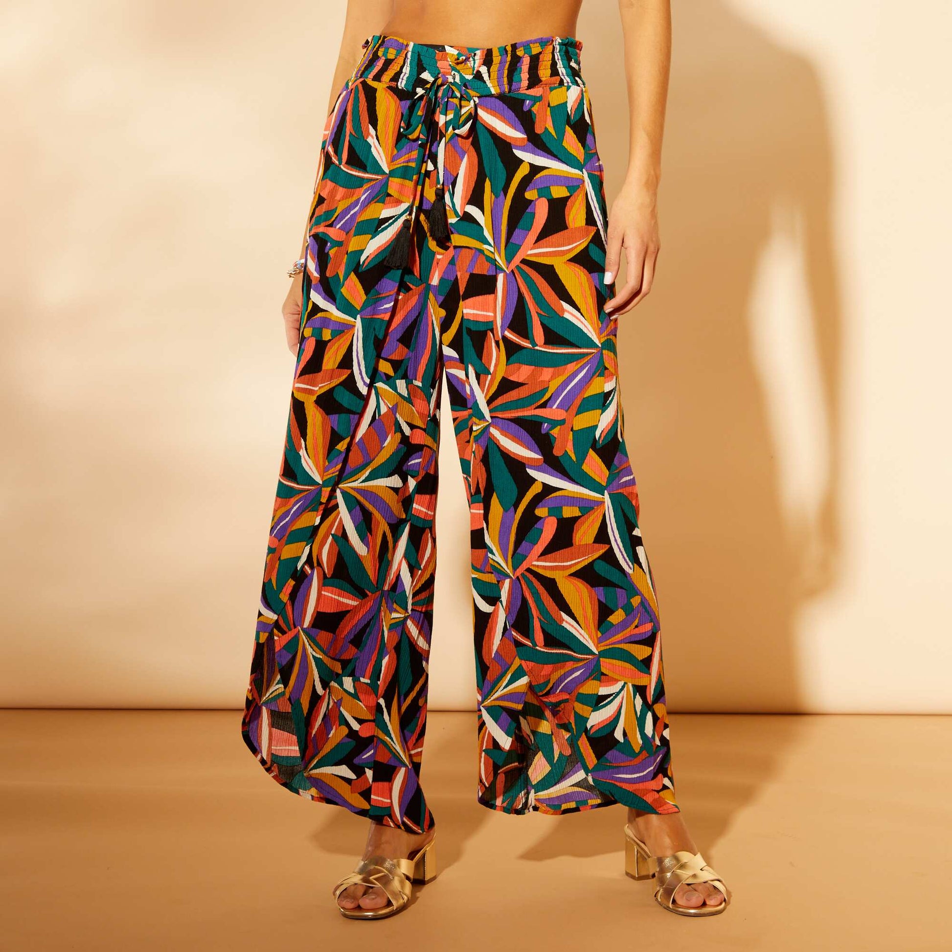 Pantalon de plage large en maille cr pe Multicolore