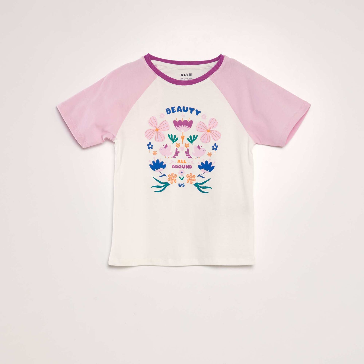 T-shirt en coton à col rond Blanc/rose