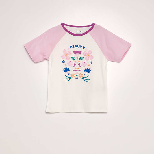 T-shirt en coton col rond Blanc/rose