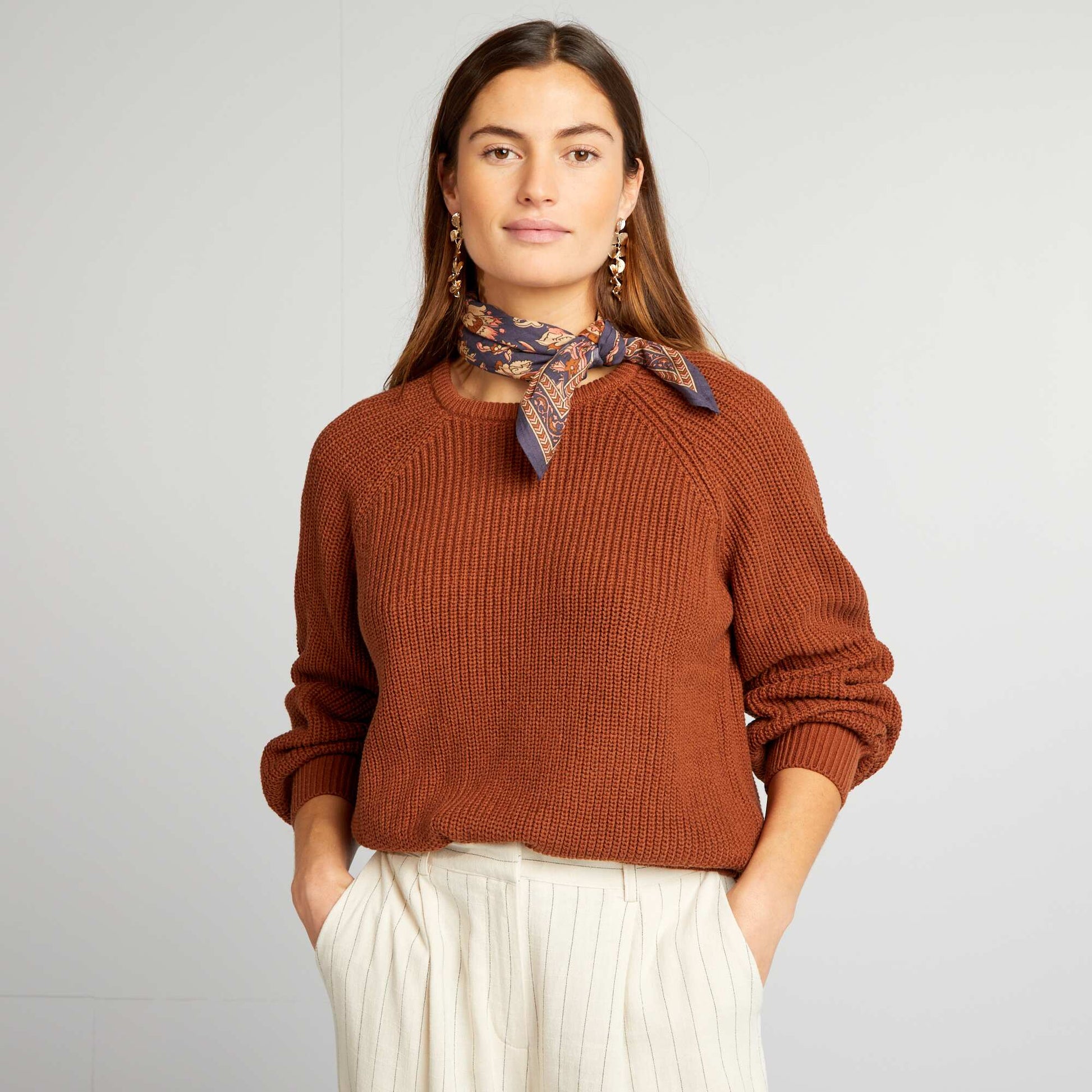 Pull col rond en maille Marron rayures