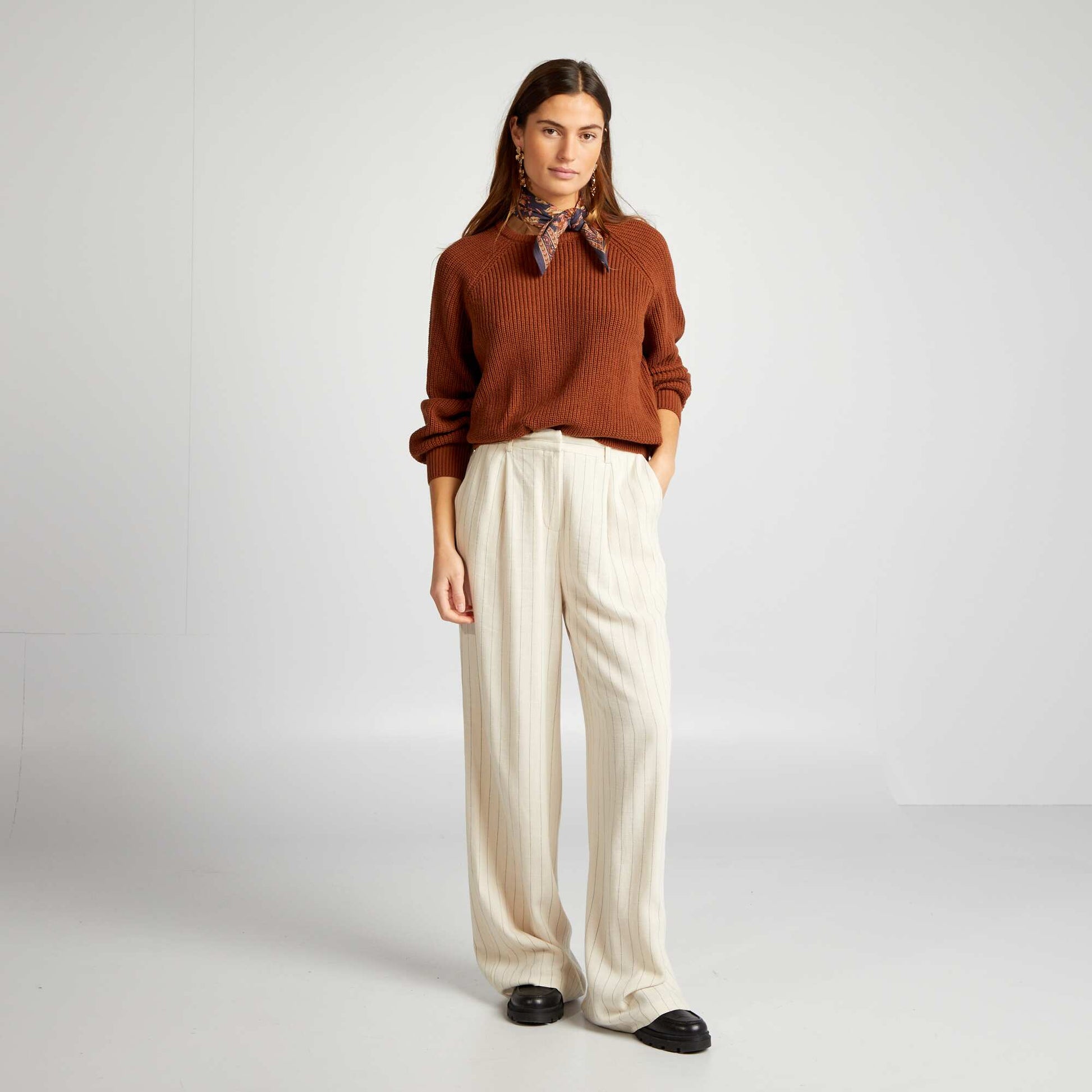 Pull col rond en maille Marron rayures