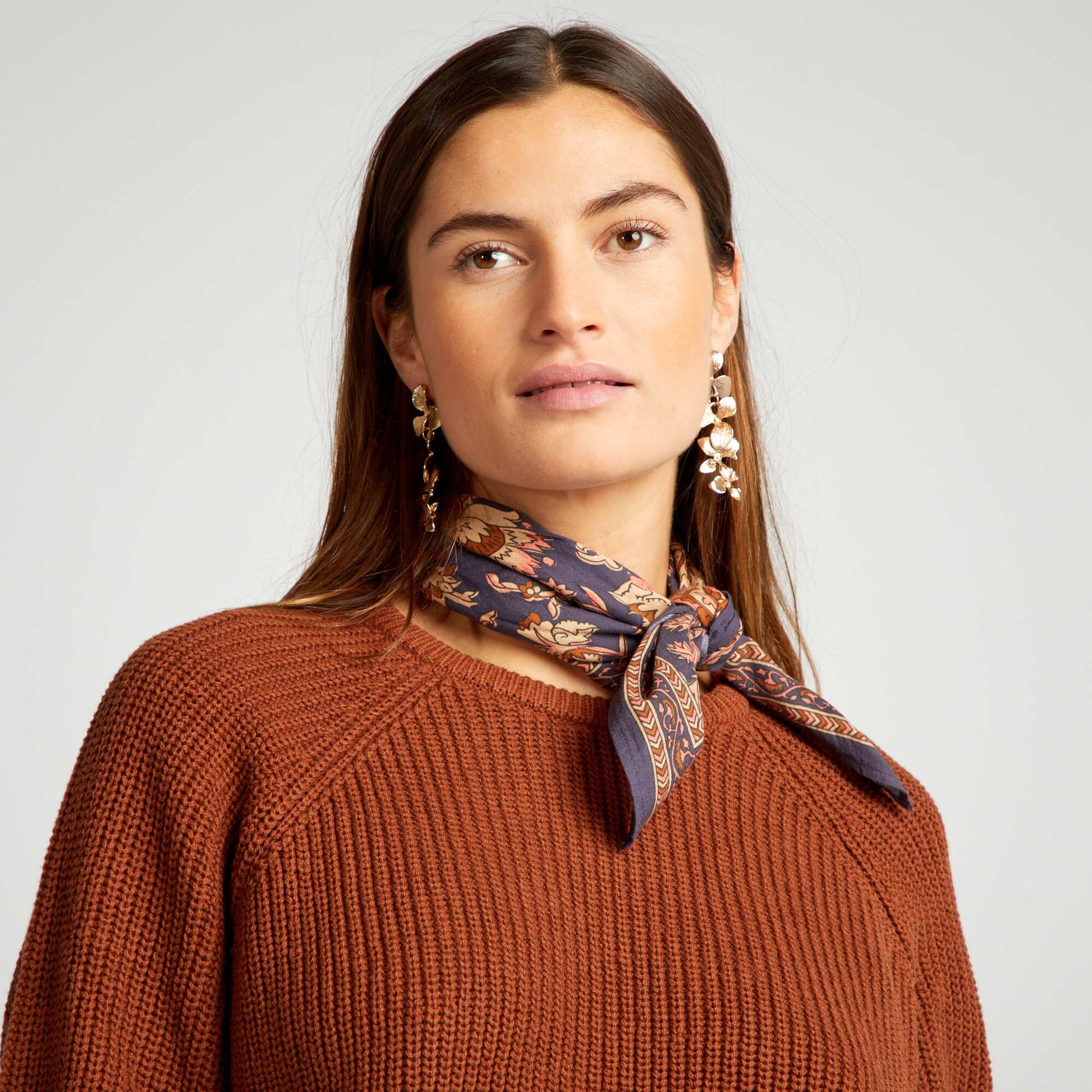 Pull col rond en maille Marron rayures