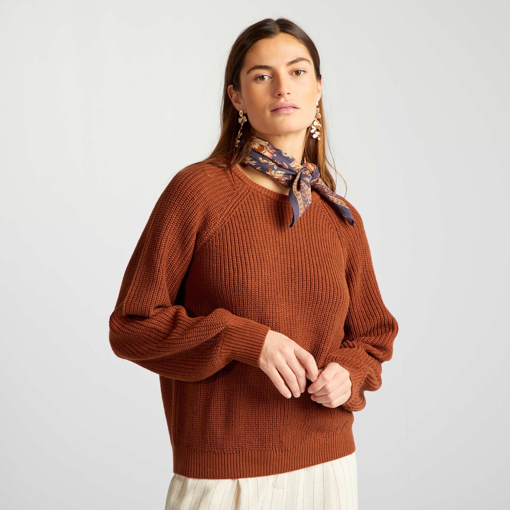 Pull col rond en maille Marron rayures