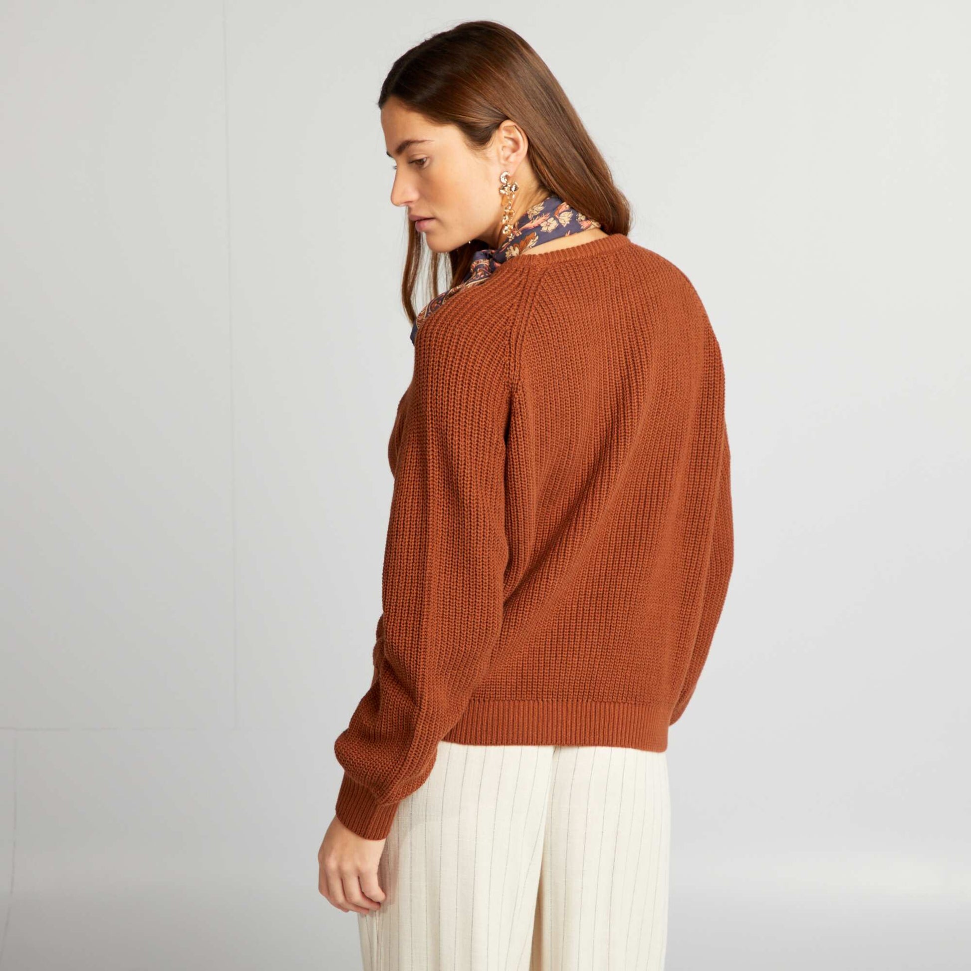Pull col rond en maille Marron rayures