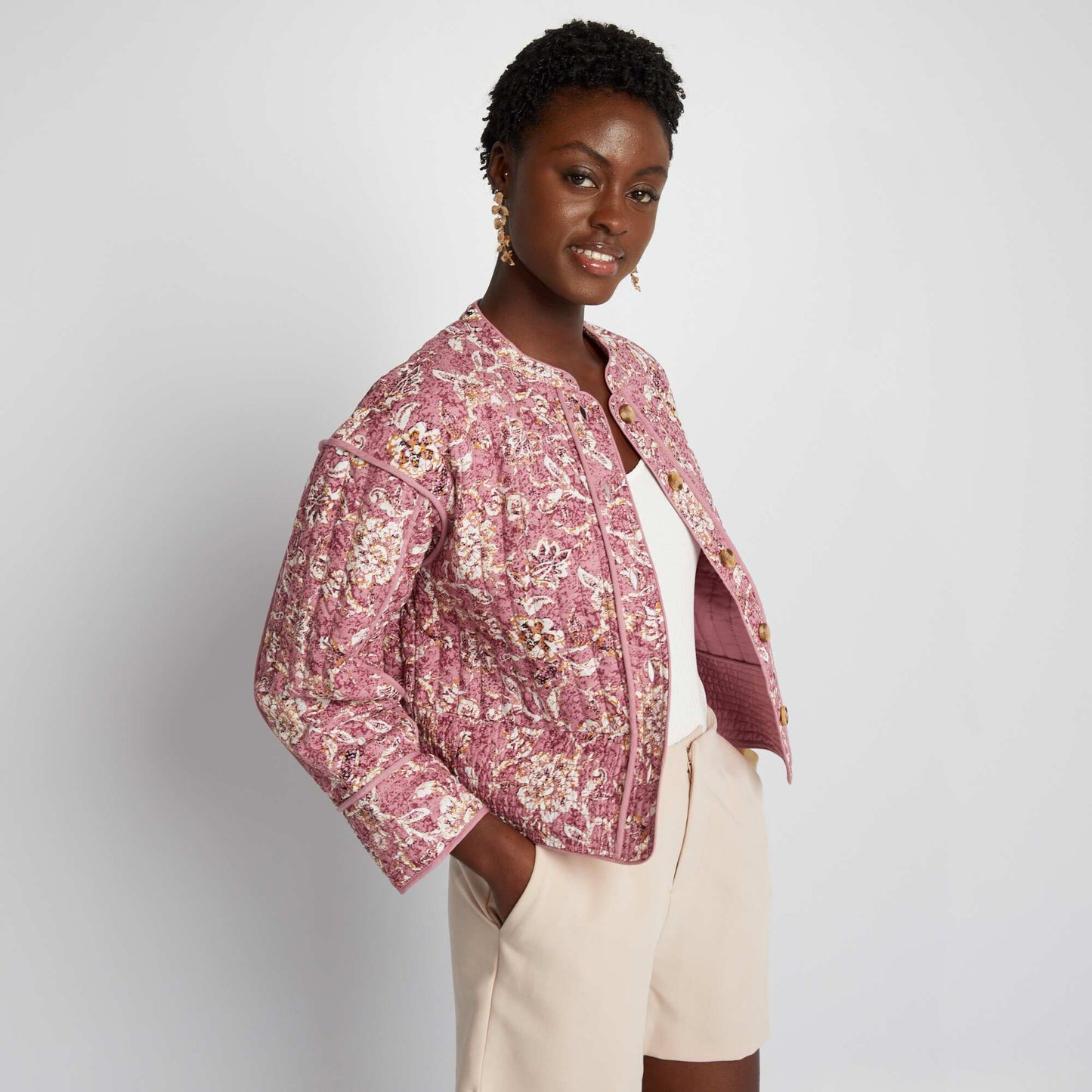 Veste courte matelass e fleurie Rose