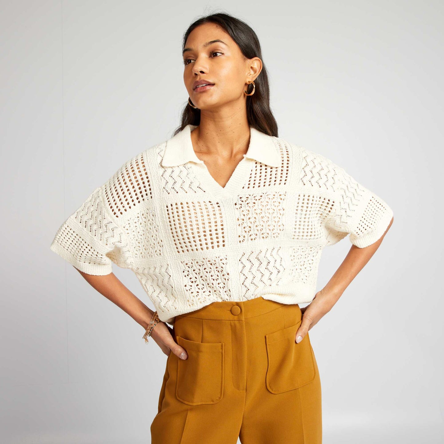 Pull crochet avec col polo Beige