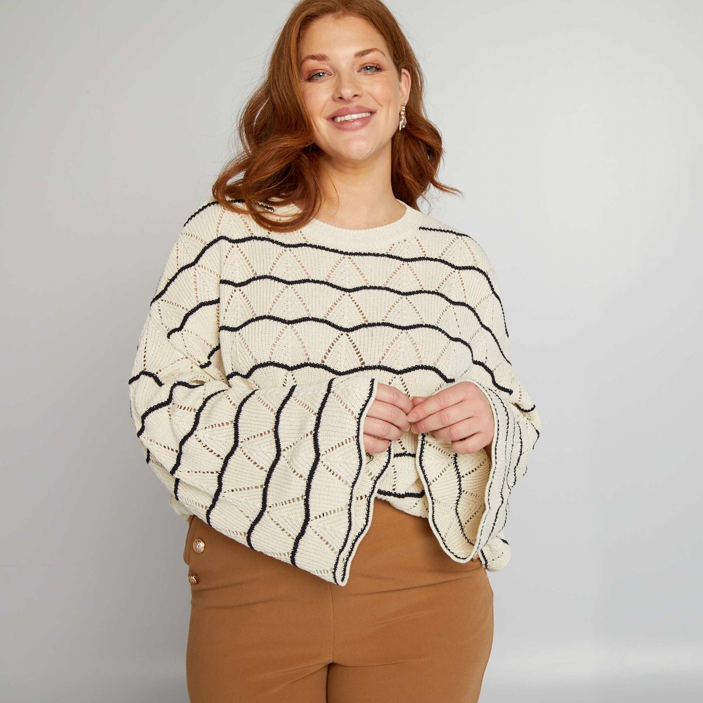 Pull ajour    col rond Beige/bleu marine