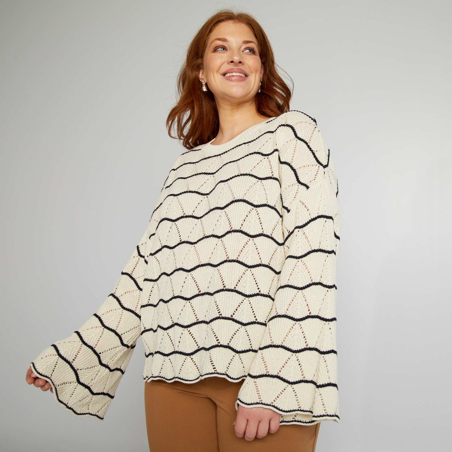 Pull ajour    col rond Beige/bleu marine