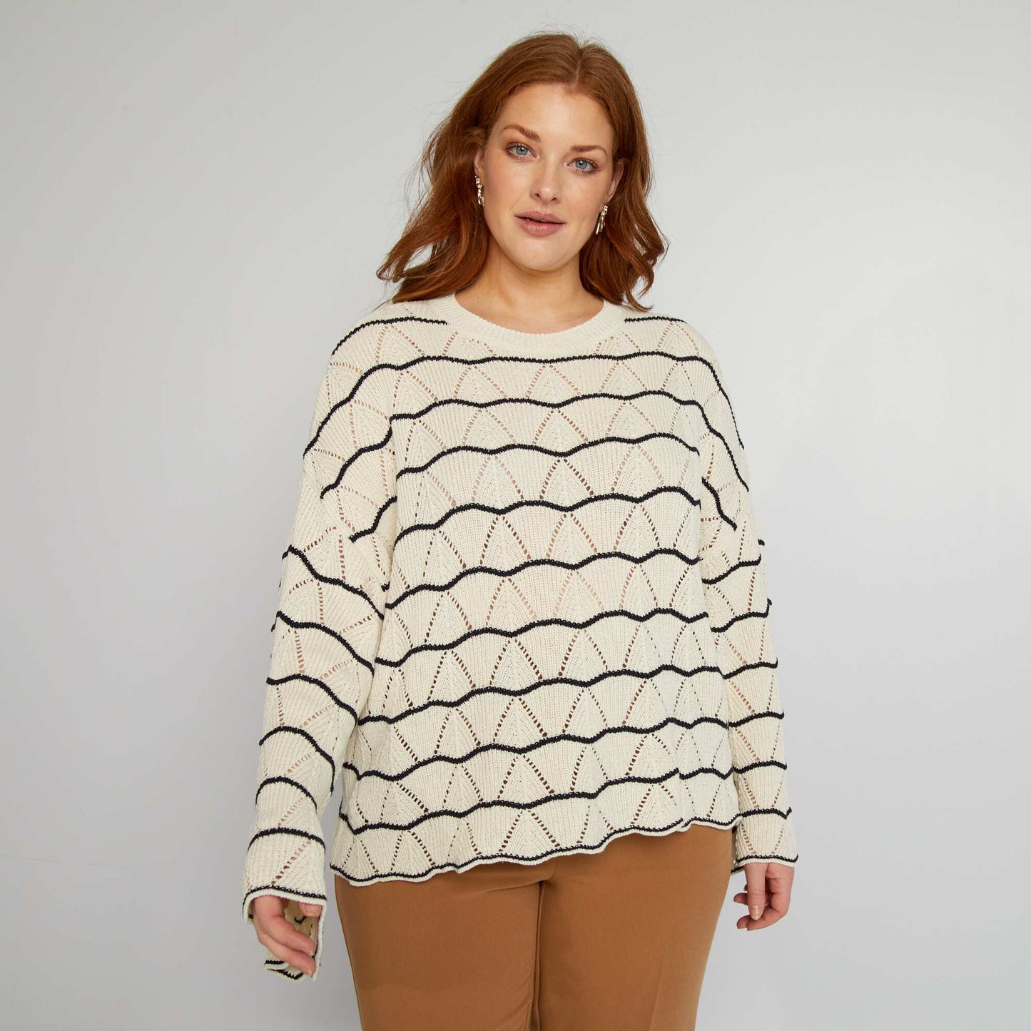 Pull ajour    col rond Beige/bleu marine