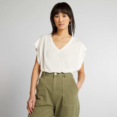 T-shirt manches chauve-souris avec lin blanc