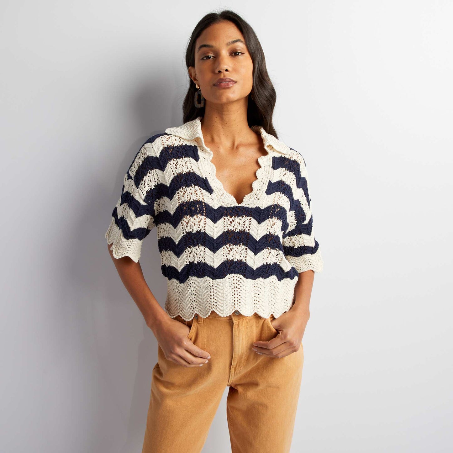 Pull court en maille ajour e Bleu marine