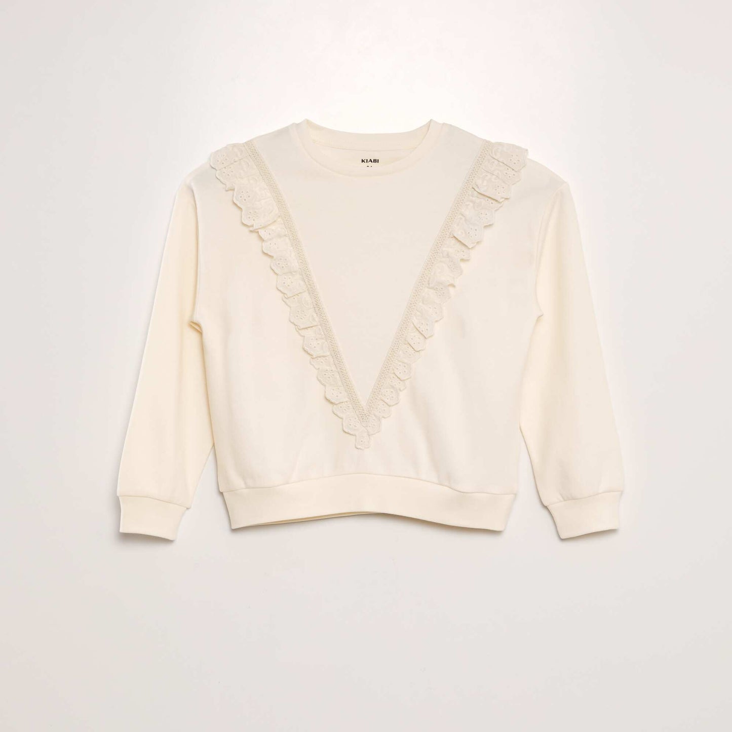 Sweat molleton avec volants en broderie anglaise Blanc