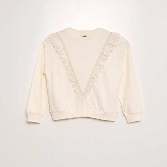 Sweat molleton avec volants en broderie anglaise Blanc