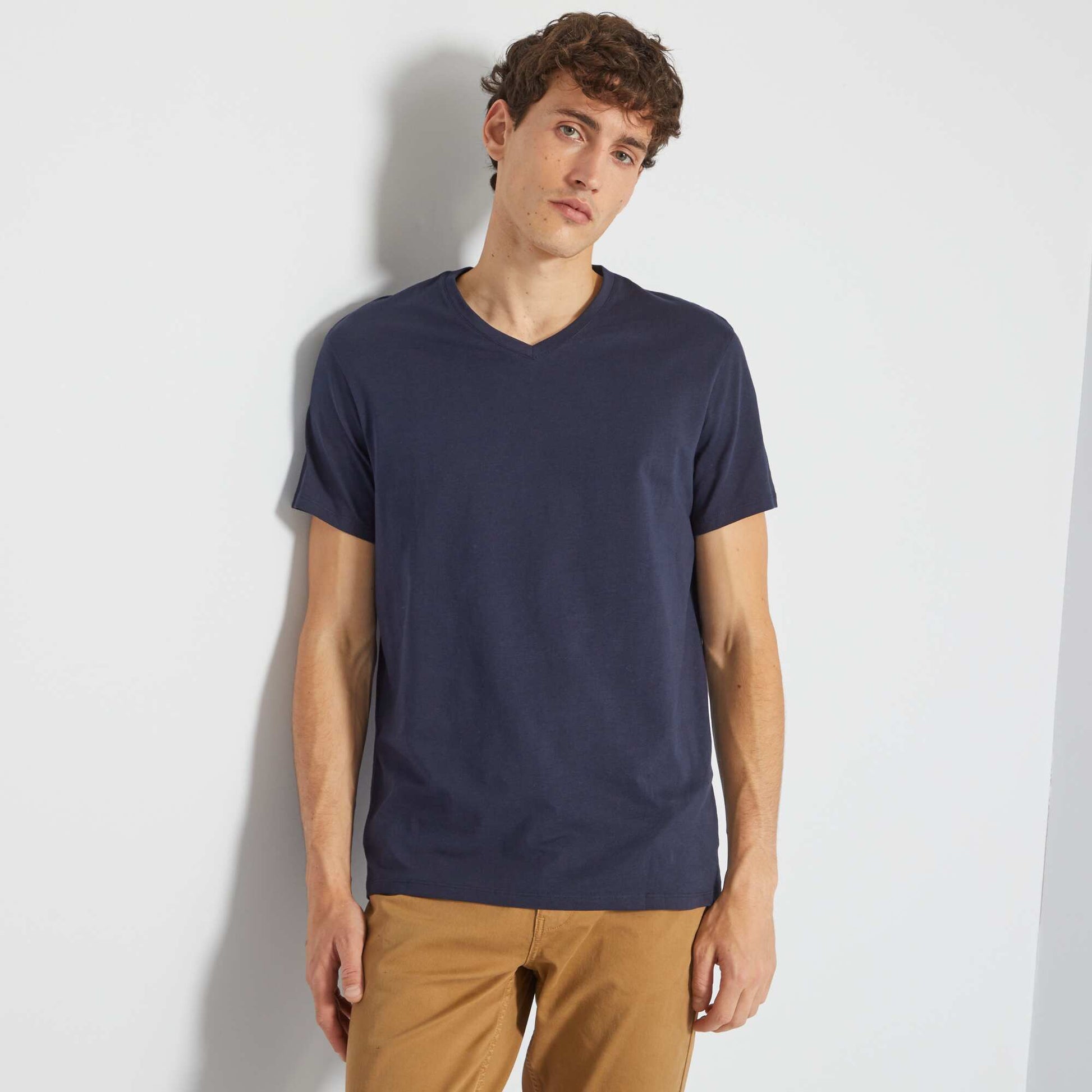 T-shirt regular col V en coton Bleu marine