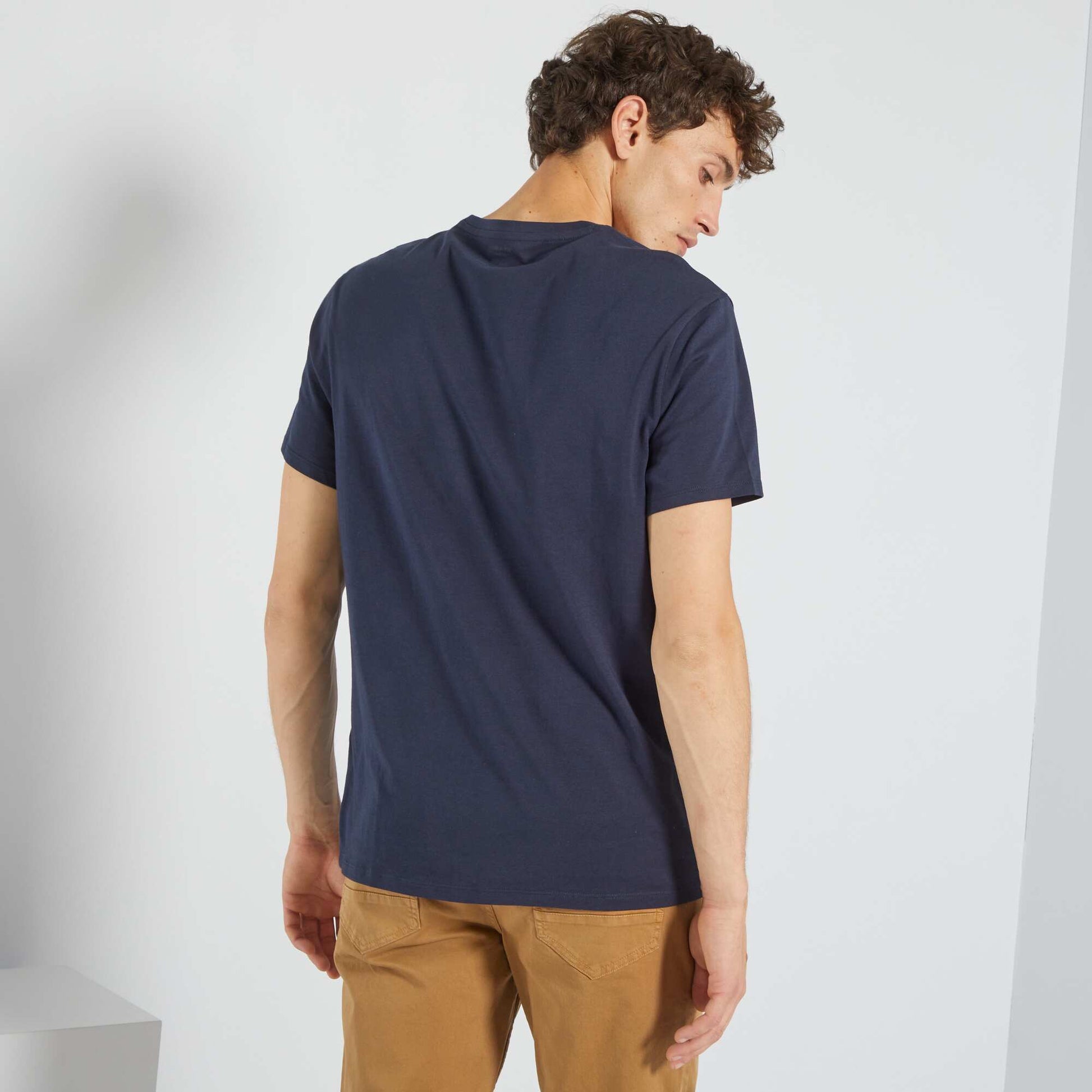 T-shirt regular col V en coton Bleu marine