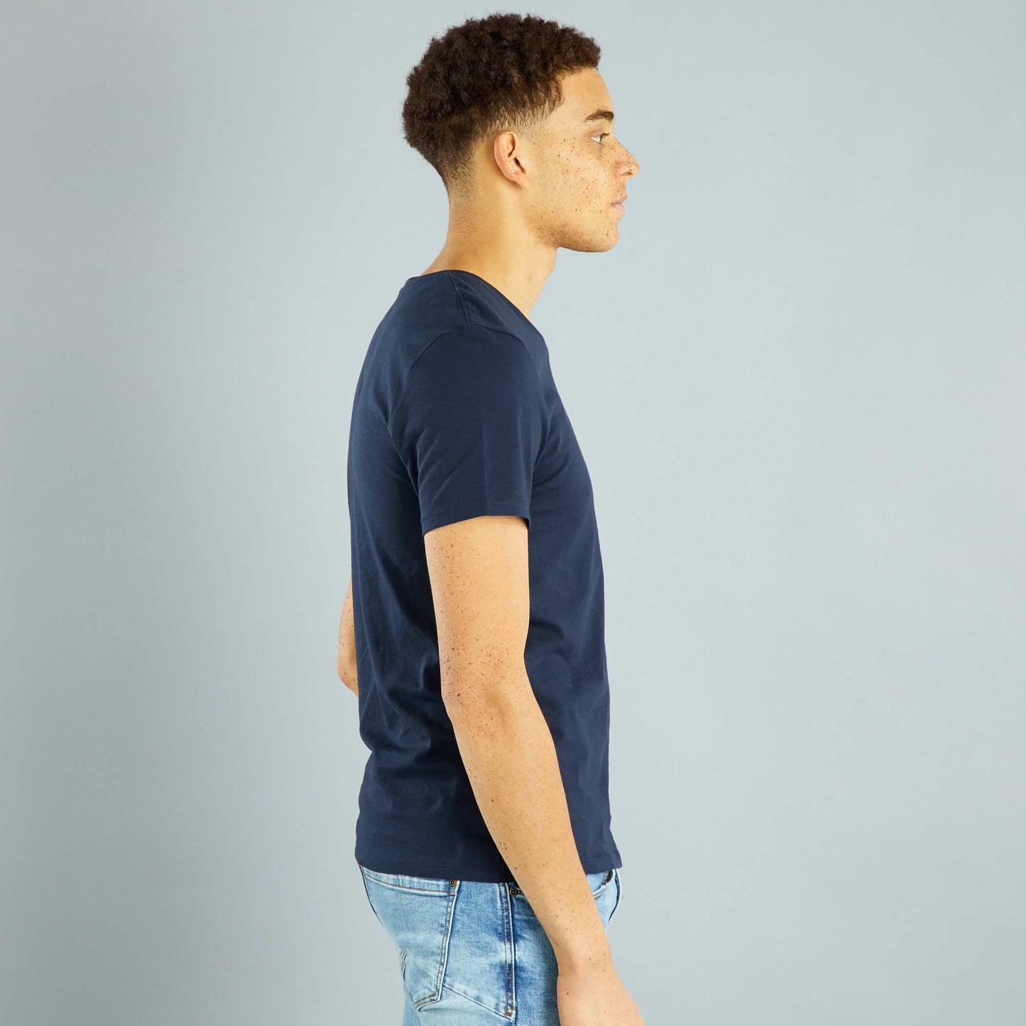T-shirt regular col V en coton Bleu marine