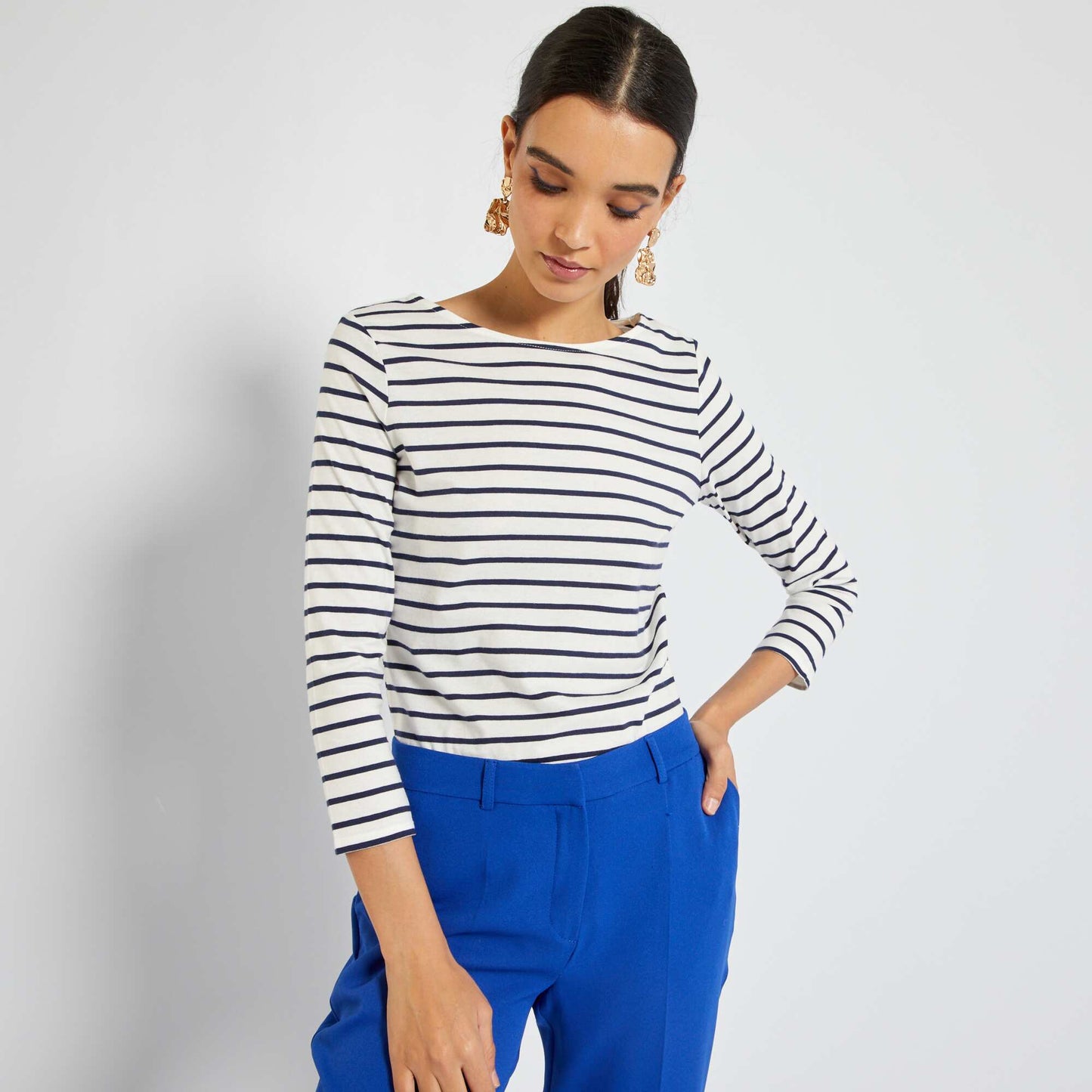 T-shirt basique col bateau Blanc/bleu