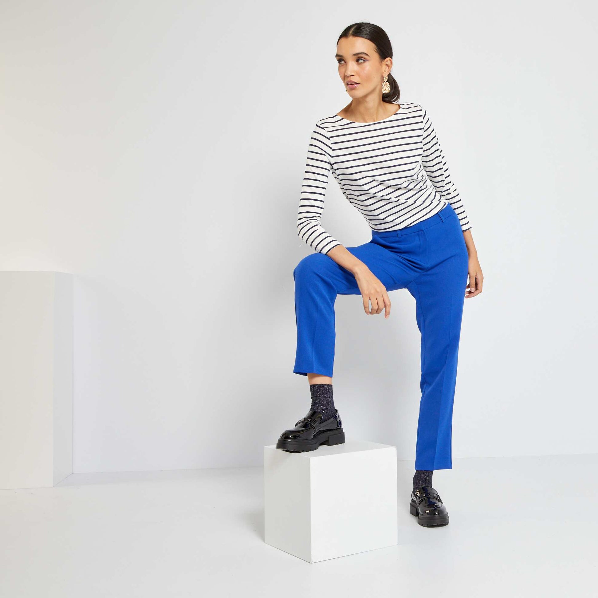 T-shirt basique col bateau Blanc/bleu