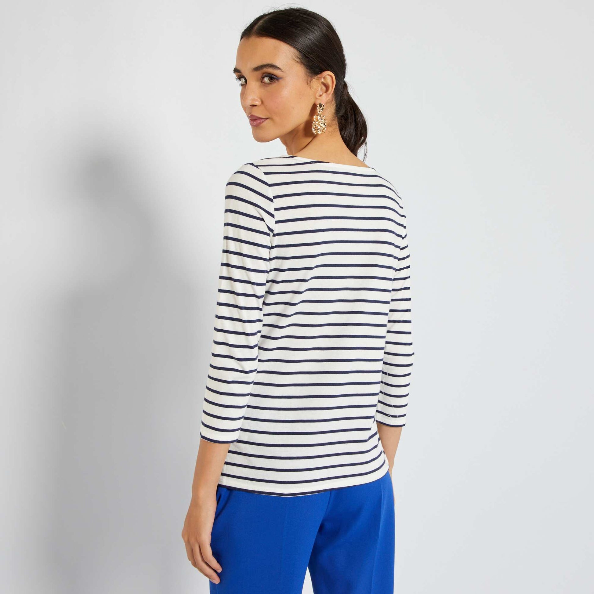 T-shirt basique col bateau Blanc/bleu