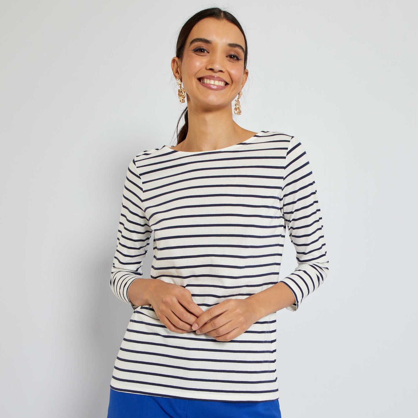 T-shirt basique col bateau Blanc/bleu