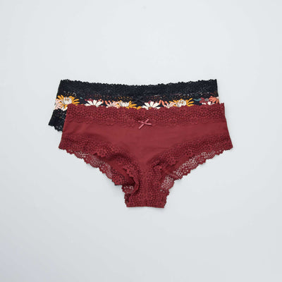 Lot de 2 shorties microfibre noir fleurs/bordeaux
