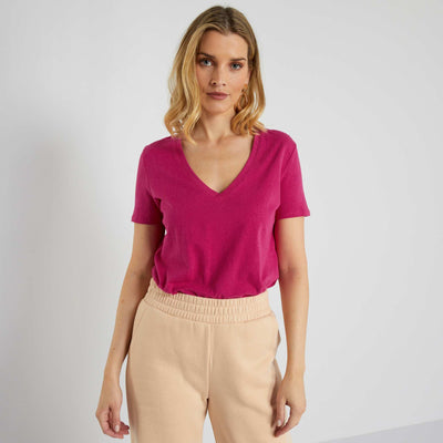 T-shirt col V en jersey Rose fonc