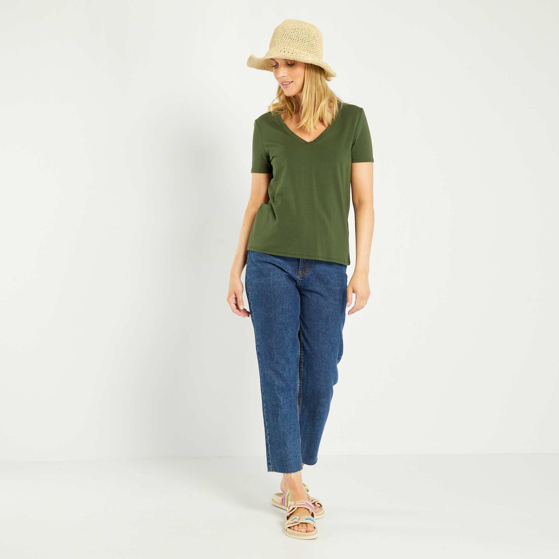 T-shirt col V en jersey Kaki