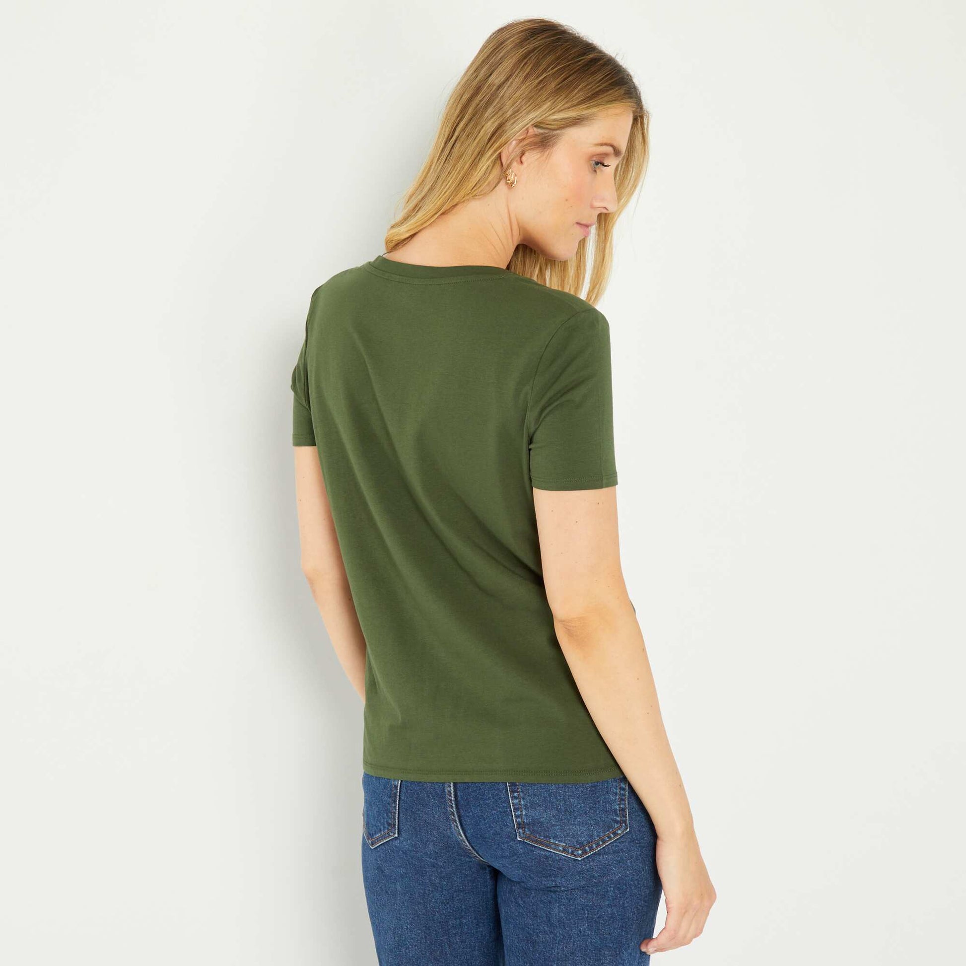 T-shirt col V en jersey Kaki
