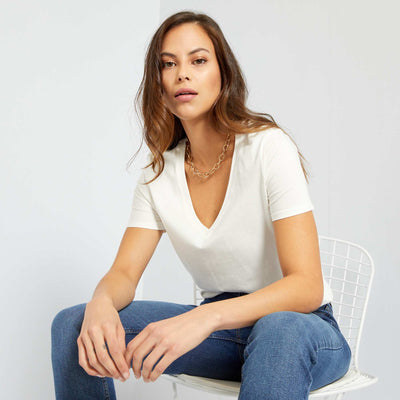 T-shirt col V en jersey Blanc cass