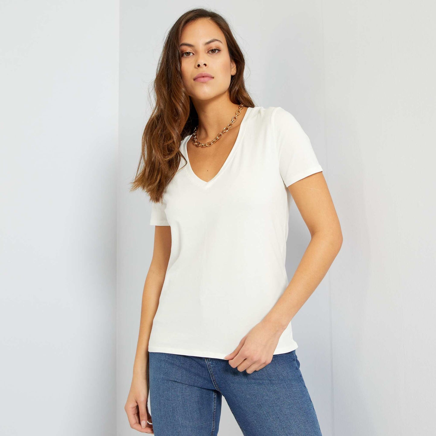 T-shirt col V en jersey Blanc cass